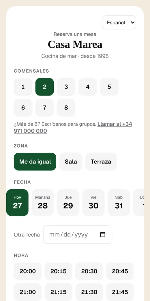 Página de reservas de un restaurante de ejemplo, en el móvil